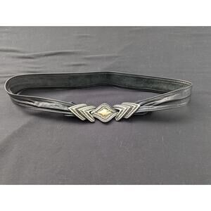 Vtg Revcor Black Leather Waist Cinch Belt Silver Gold Buckle Small 80s Disco